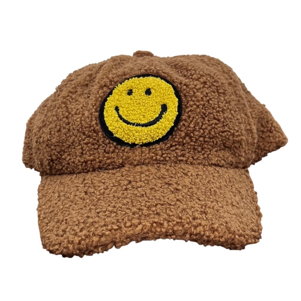 Sherpa Smiley Face Baseball Cap Kids One‎ Size Brown Patch Streetwear Retro